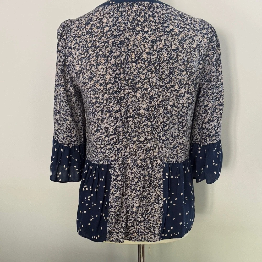 Anthropologie Navy and White Mixed-Print Crochet Yoke Blouse - Picture 5 of 9